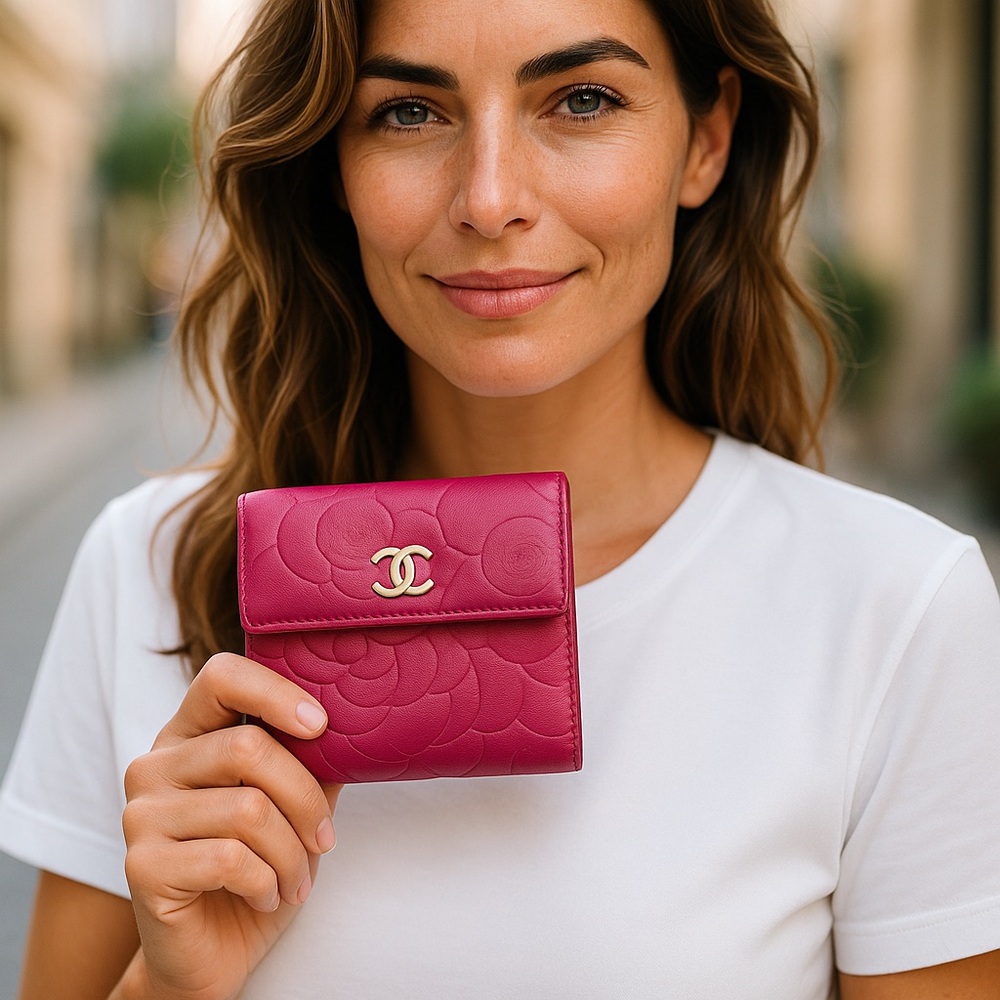 Rare Chanel Pink Camellia CC Logo Lambskin Gold Hardware